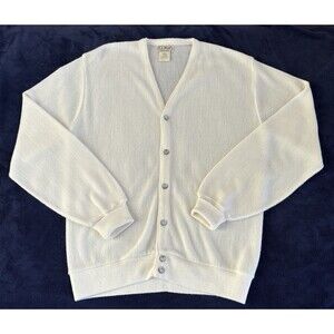 Vintage Mens LL Bean Off White Grandpa Core LS Cardigan Size L Long Made In USA